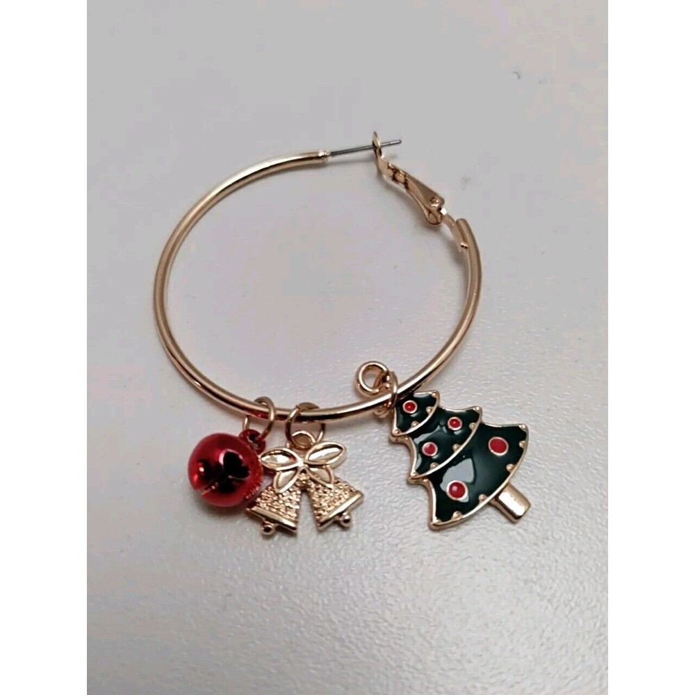 Golden Christmas Charm Hoop Earrings W/ Trees Bells Bulbs 1.5" Hoops
